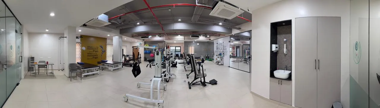 A panoramic view of the rehab and gym floor