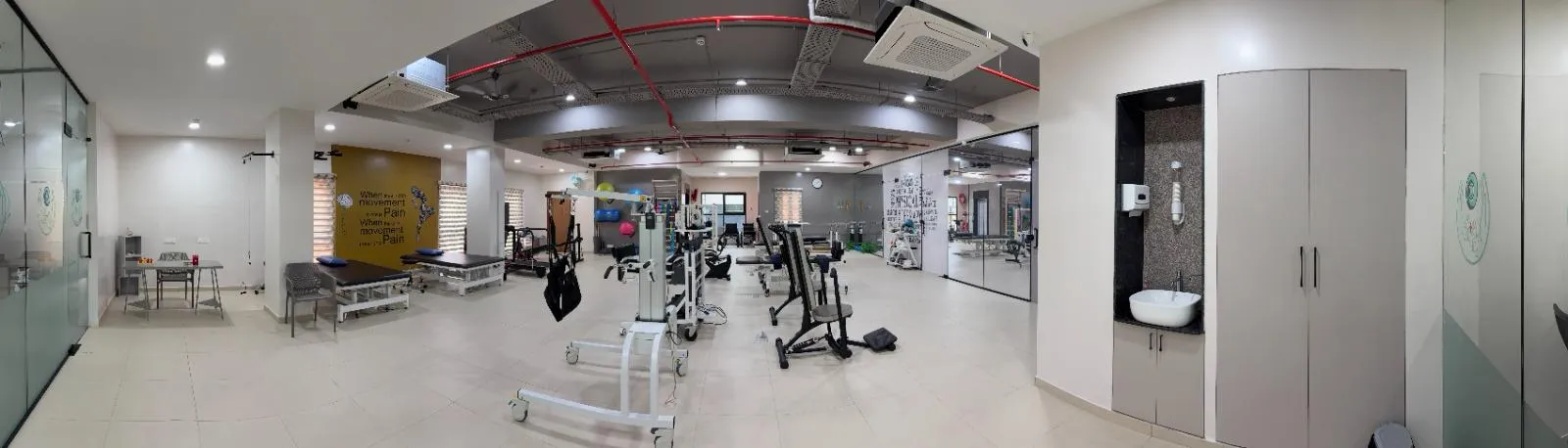 A wide view of the rehab and gym floor